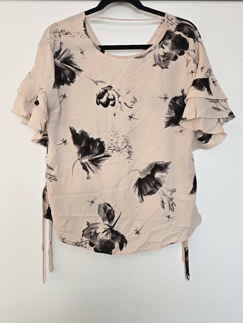 Express - Blush Pink & Black Floral Top With Side Ties & Ruffle Sleeves